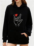Women's Hoodie Hand Gesture With Red Heart Among Minimalist Lines Hoodie