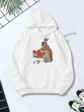 Women's Hoodie Brown Bunny With Shopping Cart Holding Carrots In White Hoodie Bunny