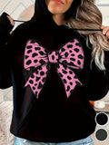 Women's Hoodie Pink Leopard Pattern With Playful Artistic Ribbon Bow