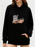 Women's Hoodie Roadside Scene With Checkerboard Flag Racing Cars And Winding Track