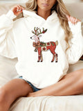 Women's Hoodie Festive Patchwork Patterns With Decorative Bow Accented Christmas Reindeer
