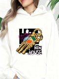 Women's Hoodie New House Shiny Gold Keys With Colorful Home Drawing Surrounded By Black Squares