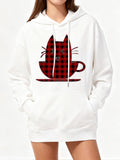 Women's Hoodie Plaid Pattern Cat Silhouette Sitting Inside Chic Coffee Cup