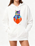 Women's Hoodie Colorful Cat Sitting Above Bright Red Heart Cat
