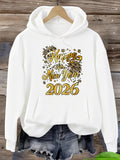 Women's Hoodie Happy New Year 2026 With Festive Gold Flowers Sparkling Confetti Around White Hoodie