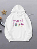 Women's Hoodie Sweet With Lollipop Donut And Candy Heart Motif Hoodie