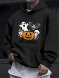 Men's Hoodie Happy Halloween Smiling Pumpkin With Ghosts Skeleton And Bat Characters