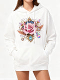 Women's Hoodie Intricate Jewels With Gears Framing Pink Rose In Bloom Rose