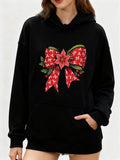 Women's Hoodie Festive Poinsettia With Red Ribbon And Green Leaves Bow