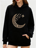 Women's Hoodie Ornate Crescent Moon With Shining Stars On Midnight Sky Hoodie
