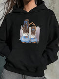 Women's Hoodie Blue Denim Sitting With Long Hair And Loving Gesture Girls