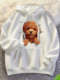Women's Hoodie Curly Fur Puppy Peeking Through Ripped Fabric White Hoodie