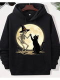 Men's Hoodie Witch Hat Skeleton Dancing Under A Full Moon With Playful Cat