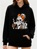 Women's Hoodie Orange Bow Retro Skeleton With Coffee Cup And Donut Skull