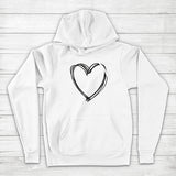 Men's Hoodie Hand Drawn Black Lined Sketch Artistic Heart Outline Center Heart