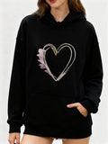 Women's Hoodie Hand Drawn Floral Outline Heart With Pastel Petals Center Heart
