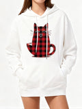 Women's Hoodie Buffalo Plaid Patterned Cozy Red Sitting Cat