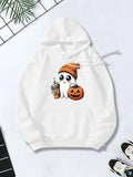 Women's Hoodie Playful Halloween Pumpkin With Friendly Ghost Wearing Orange Hat