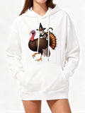 Women's Hoodie Quirky Thanksgiving Turkey Wearing Pilgrim Hat With Festive Feathers Turkey