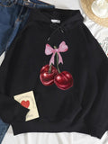 Women's Hoodie Sweet Pink Bow With Shiny Juicy Cherries Hanging Down Cherry