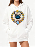 Women's Hoodie Blue Crowned Pug With Golden Laurel And Large Sapphire Surrounded By Ornate Leaves