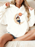 Women's Hoodie Woman Sitting On Crescent Moon Under Saturn Planet