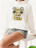 Women's Hoodie Happy New Year 2026 Golden Fireworks Celebration With Sparkling Confetti Surrounding Bold Lettering