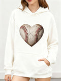Women's Hoodie Vintage Heart Shaped Centerpiece With Classic Detailed Baseball Pattern