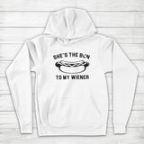 Men's Hoodie Shes The Bun To My Wiener Playful Doodle Hotdog Surrounded By Simple Lines