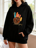 Women's Hoodie Thanksgiving Festive Turkey Shape With Artful Painted Feathers Handprint Design Turkey