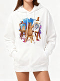 Women's Hoodie Colorful Art Studio With Playful Cat Painting On Canvas
