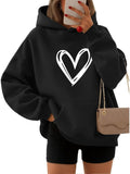 Women's Hoodie Hand Drawn White Heart Printed On Cozy Black Hoodie