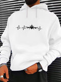 Men's Hoodie Heartbeat Rhythm Line With Landing Airplane Over White Sky