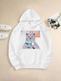 Women's Hoodie Cozy Winter Cat Wearing Blue Scarf With Coffee Cup Under Soft Sunset Cat
