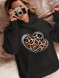 Women's Hoodie Chic Leopard Print Patterned Twin Hearts Motif Hoodie