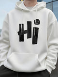 Men's Hoodie Hi With Bold Striped Artistic Lettering Playful Smiley Face Hoodie