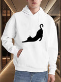Men's Hoodie Minimalist Silhouette In Black On Crisp White Stretching Cat