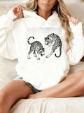 Women's Hoodie Playful Black White Ink Art With Two Dynamic Tigers