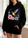 Women's Hoodie Delicate Pastel Flowers With Vibrant Hummingbird Perched Among Blossoming Petals