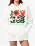 Women's Hoodie Bold Graphic Floral Garden With Tulips Daisies Stems And Leaves Blossoms Hoodie