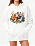 Women's Hoodie Soft Sunlit Meadow With Colorful Flowers Surrounding Three Cozy Rabbits