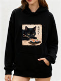 Women's Hoodie Curious Lazy Black Cat With Sushi Rolls Resting Calmly Cat