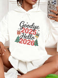Women's Hoodie Goodbye 2025 Hello 2026 Festive Presents Trees And Colorful Holiday Cheer Hoodie