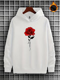 Men's Hoodie Bright Red Petals With Lively Green Leaves Adorning Single Fresh Rose Flower