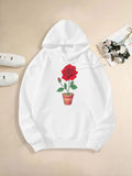 Women's Hoodie Bright Red Blooming Rose In Clay Flowerpot Hoodie