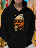 Men's Hoodie Autumn Leaves With Pumpkin Wearing Beanie And Holding Coffee Pumpkin