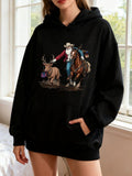 Women's Hoodie Cowgirl Standing With Horse And Steer Under Open Sky