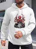 Men's Hoodie Vivid Red Octopus Playing Drums With Energetic Motion Under White Hoodie Octopus