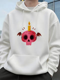 Men's Hoodie Whimsical Candle On Pink Skull With Brown Bat Wings Skull