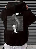 Men's Hoodie Wavy Monochrome Lines Flowing Around Curious Playful Dog